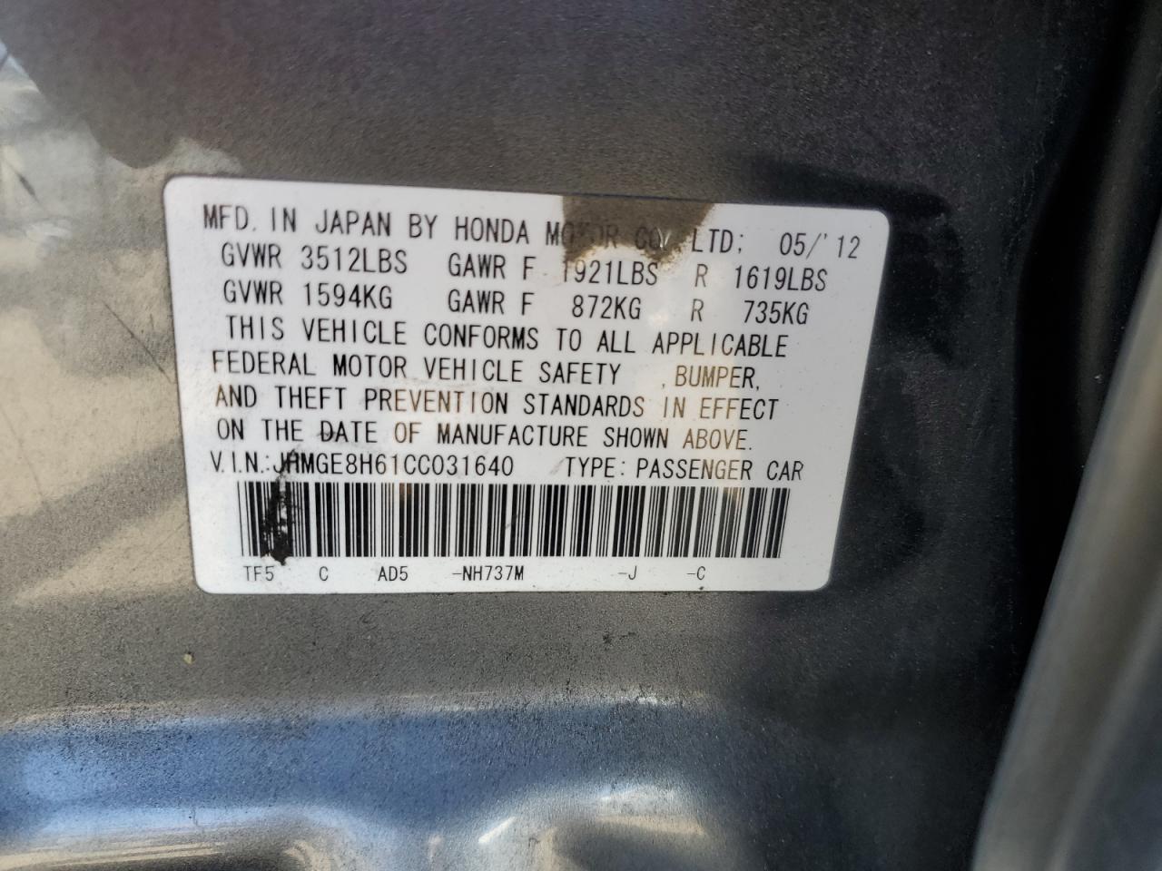 2012 Honda Fit Sport VIN: JHMGE8H61CC031640 Lot: 57340925