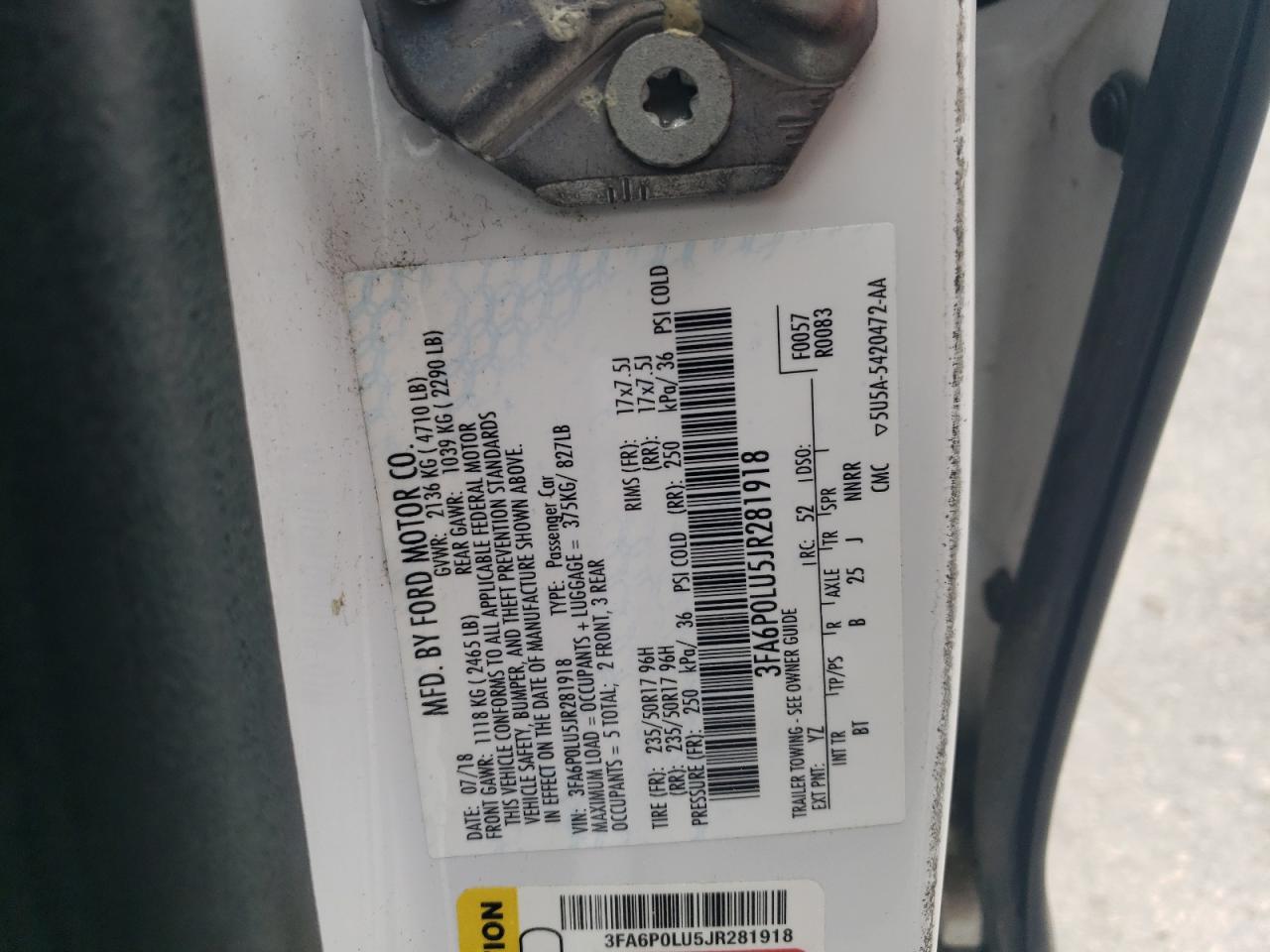 2018 Ford Fusion Se Hybrid VIN: 3FA6P0LU5JR281918 Lot: 54028965