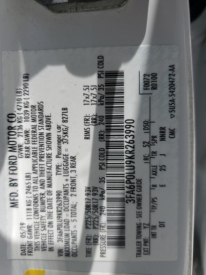 2019 Ford Fusion Se VIN: 3FA6P0LU9KR263990 Lot: 54025875