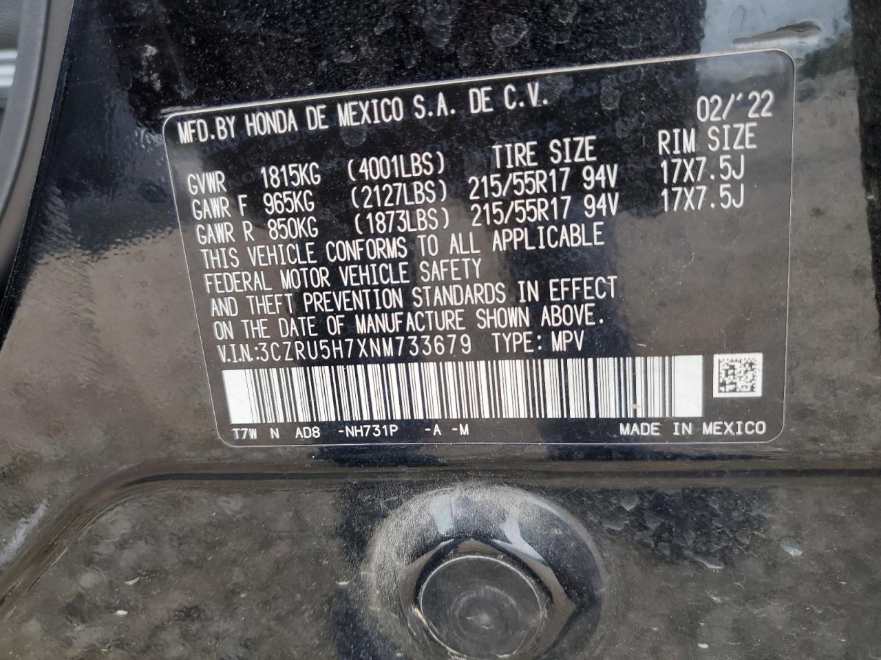2022 Honda Hr-V Exl VIN: 3CZRU5H7XNM733679 Lot: 56643045