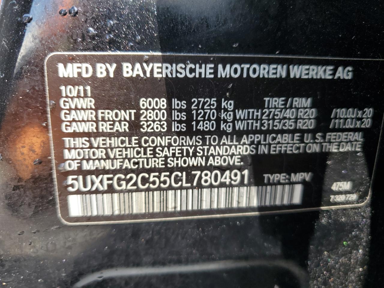 2012 BMW X6 xDrive35I VIN: 5UXFG2C55CL780491 Lot: 56526695
