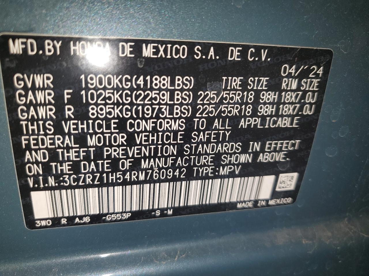 2024 Honda Hr-V Sport VIN: 3CZRZ1H54RM760942 Lot: 57714405