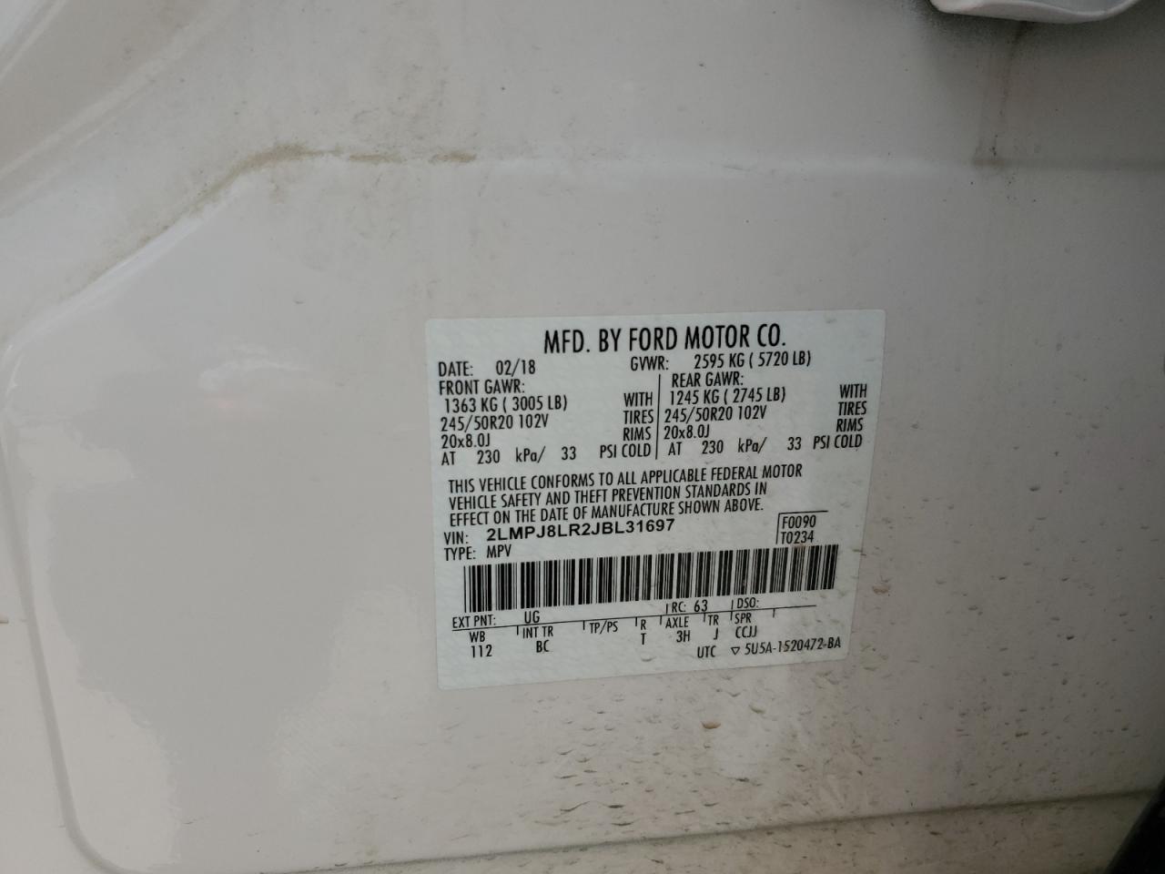 2018 Lincoln Mkx Reserve VIN: 2LMPJ8LR2JBL31697 Lot: 58539885