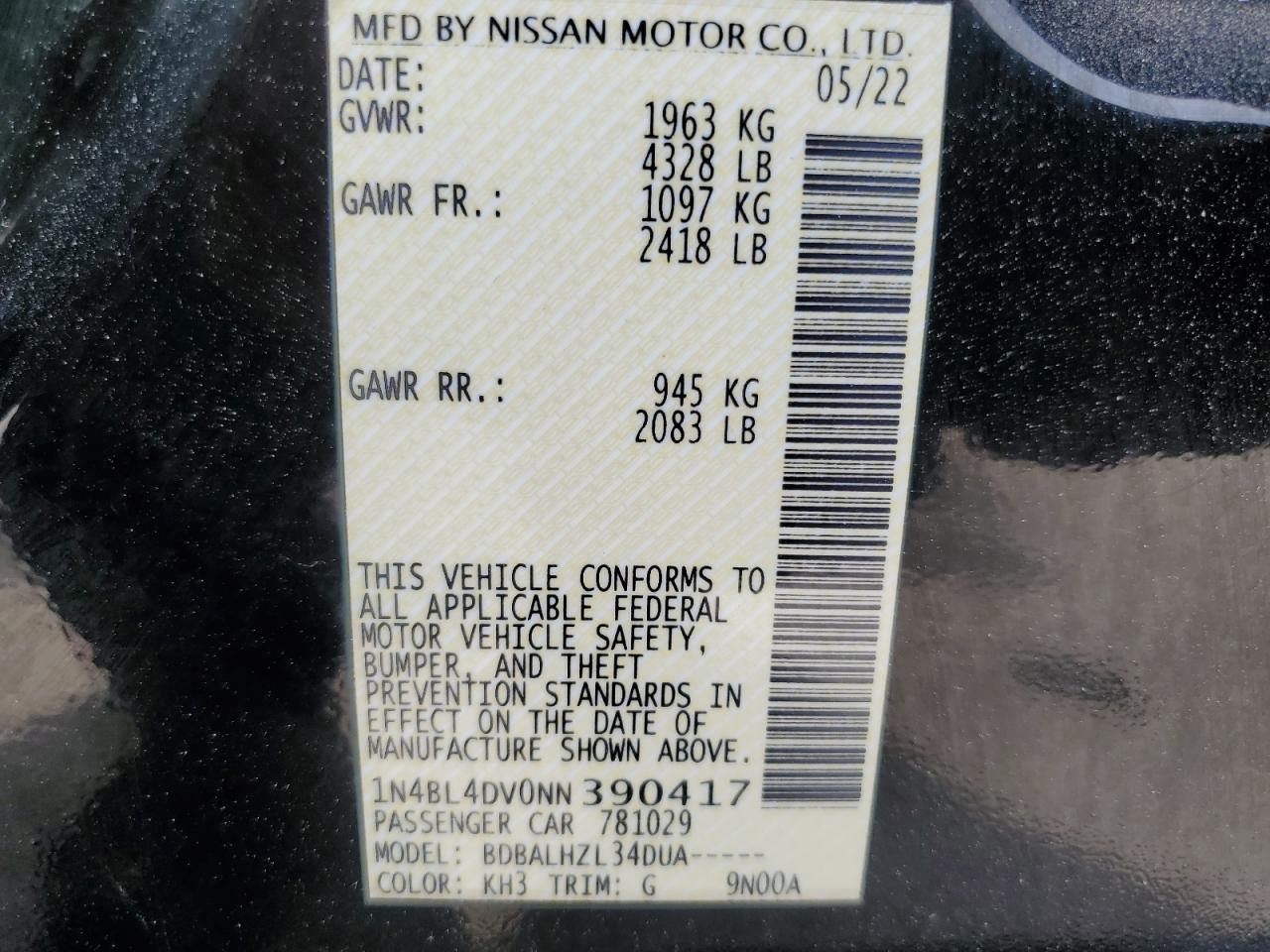 2022 Nissan Altima Sv VIN: 1N4BL4DV0NN390417 Lot: 56690285