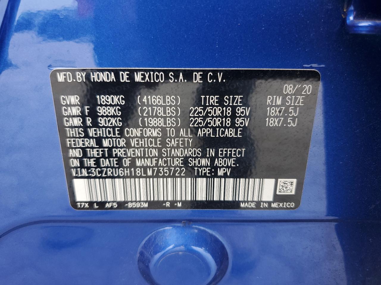 2020 Honda Hr-V Sport VIN: 3CZRU6H18LM735722 Lot: 56993405