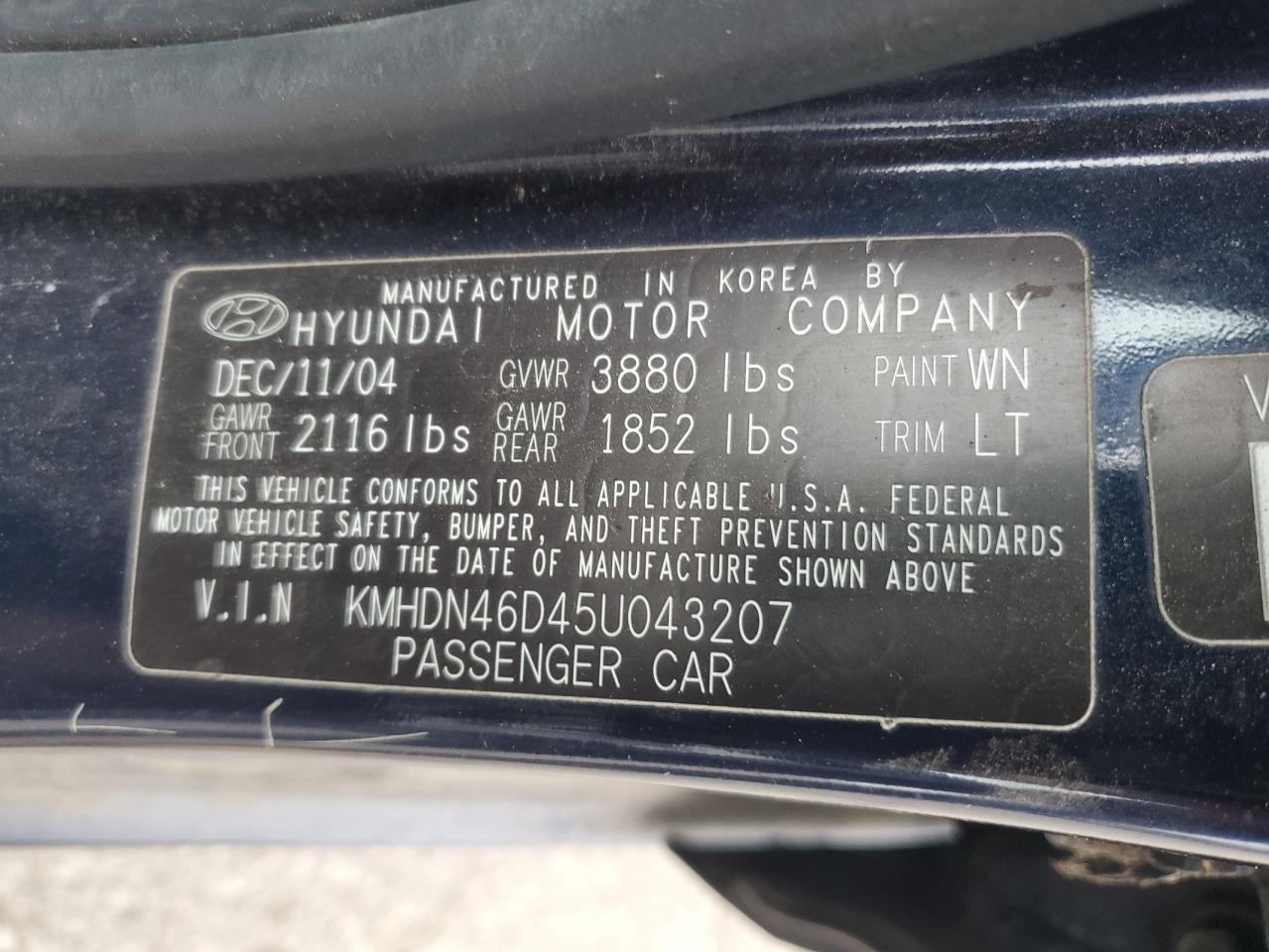 2005 Hyundai Elantra Gls VIN: KMHDN46D45U043207 Lot: 55255455