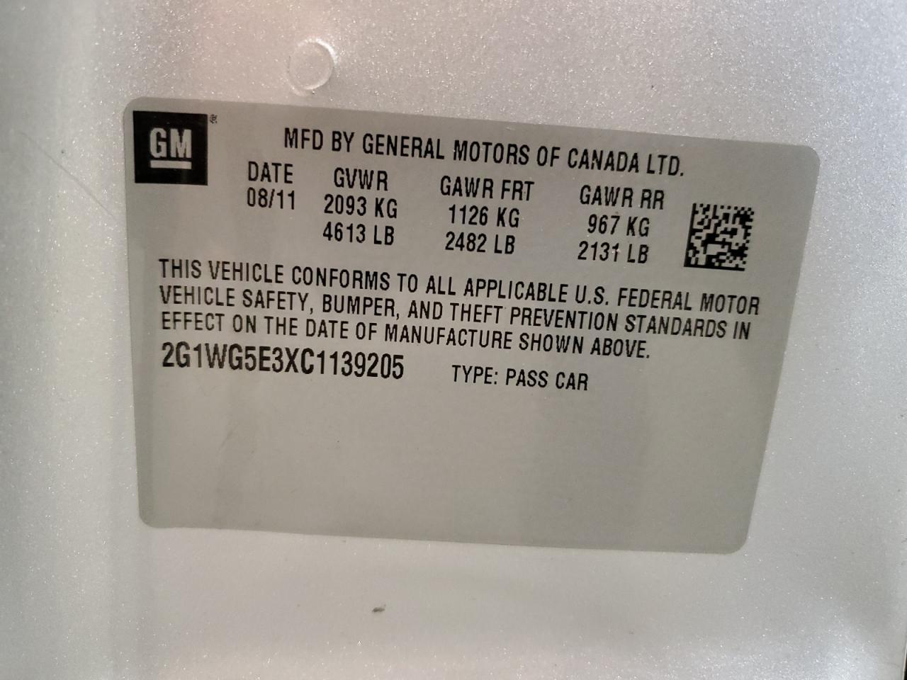 2012 Chevrolet Impala Lt VIN: 2G1WG5E3XC1139205 Lot: 55053925