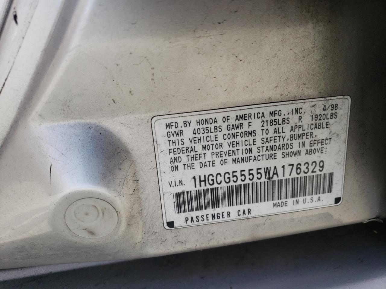 1998 Honda Accord Ex VIN: 1HGCG5555WA176329 Lot: 56905865