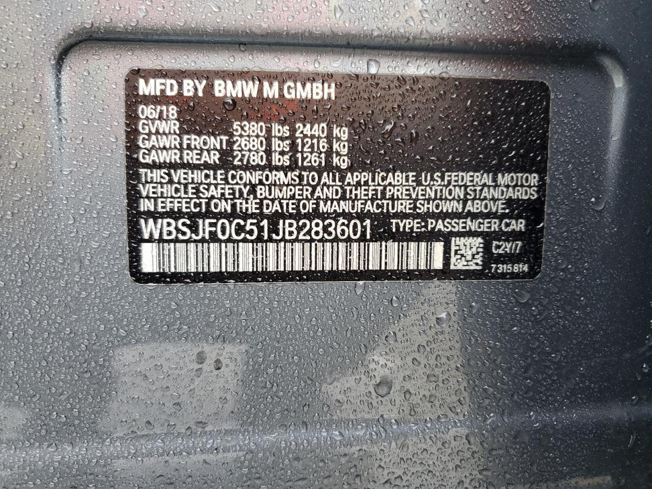 2018 BMW M5 VIN: WBSJF0C51JB283601 Lot: 57109785