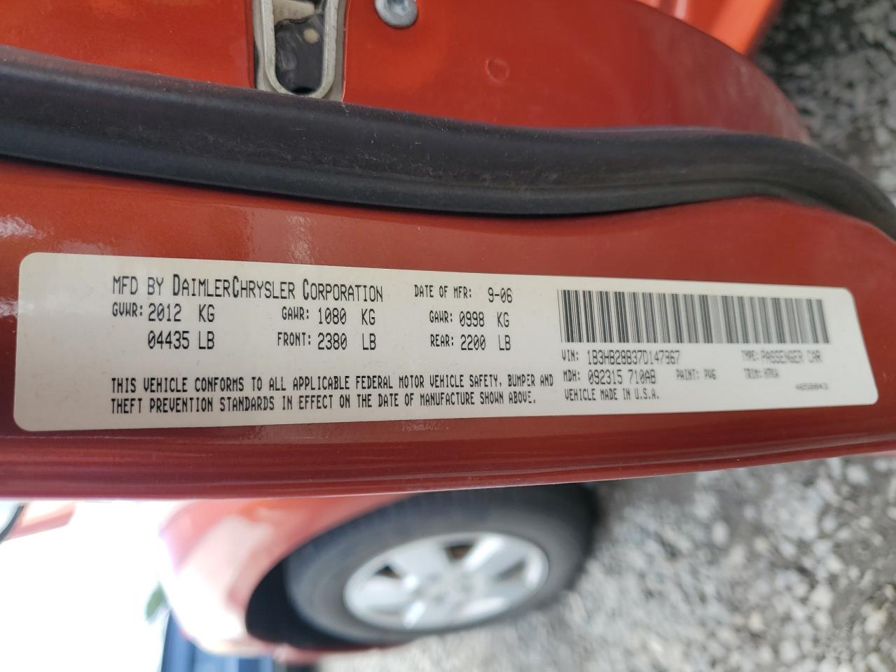 2007 Dodge Caliber VIN: 1B3HB28B37D147867 Lot: 57133775
