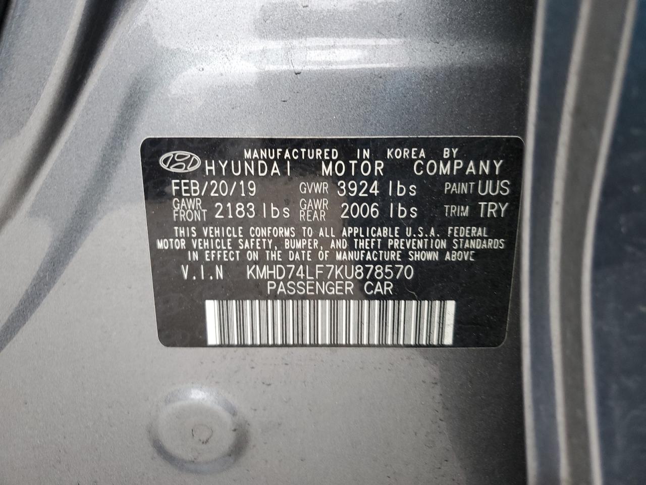 2019 Hyundai Elantra Se VIN: KMHD74LF7KU878570 Lot: 56641065