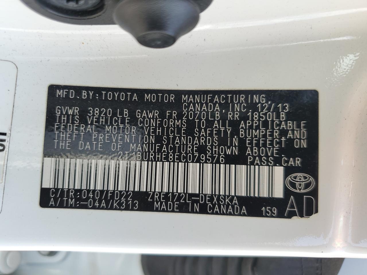 2014 Toyota Corolla L VIN: 2T1BURHE8EC079576 Lot: 57215885