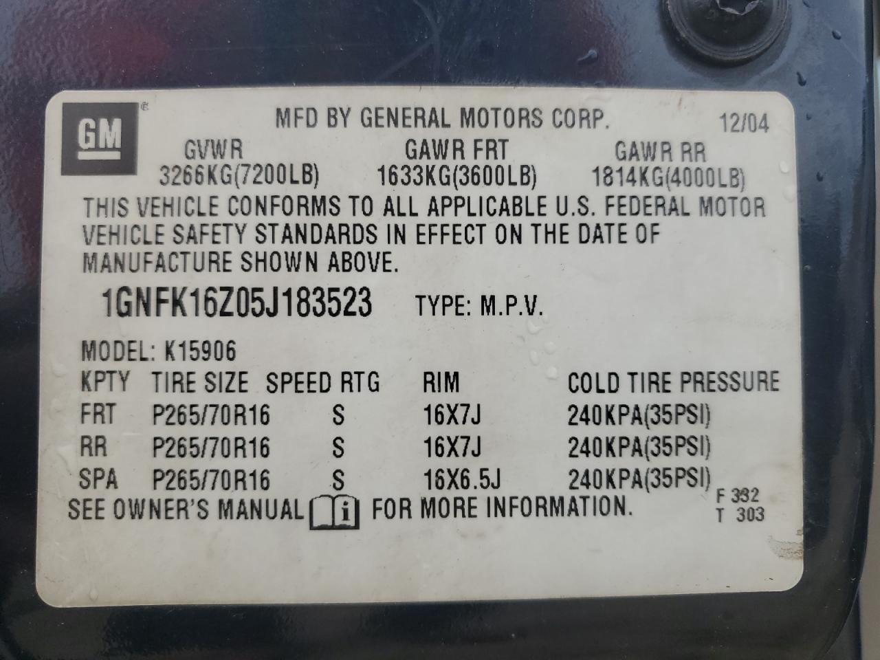 2005 Chevrolet Suburban K1500 VIN: 1GNFK16Z05J183523 Lot: 58595325