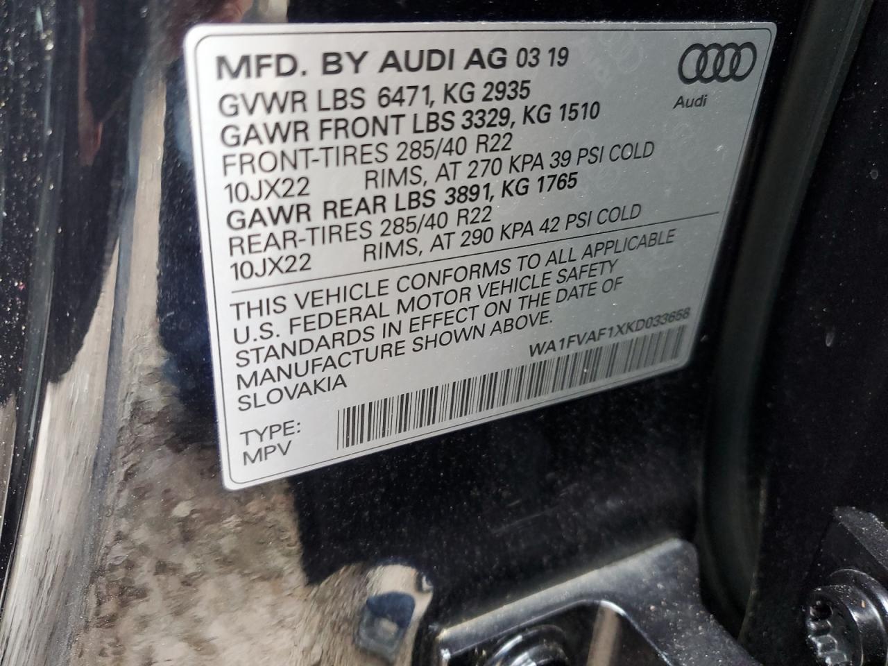 2019 Audi Q8 Prestige S-Line VIN: WA1FVAF1XKD033658 Lot: 56210205