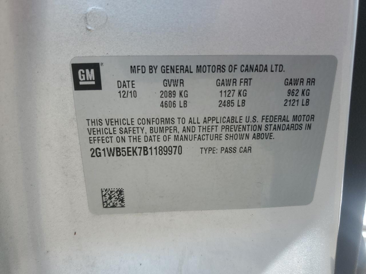 2011 Chevrolet Impala Lt VIN: 2G1WB5EK7B1189970 Lot: 57438325