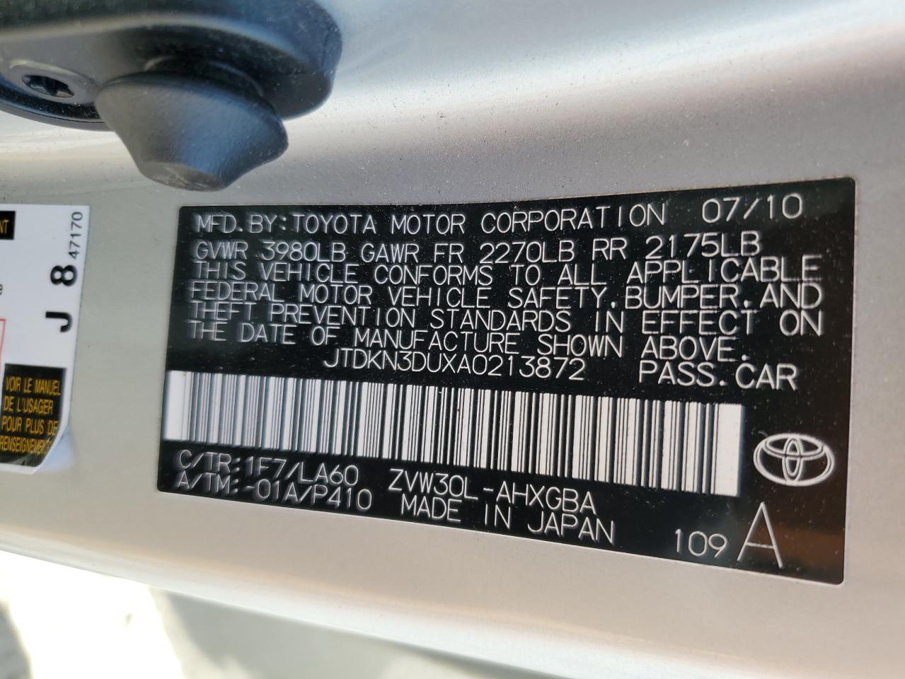 2010 Toyota Prius VIN: JTDKN3DUXA0213872 Lot: 57260525