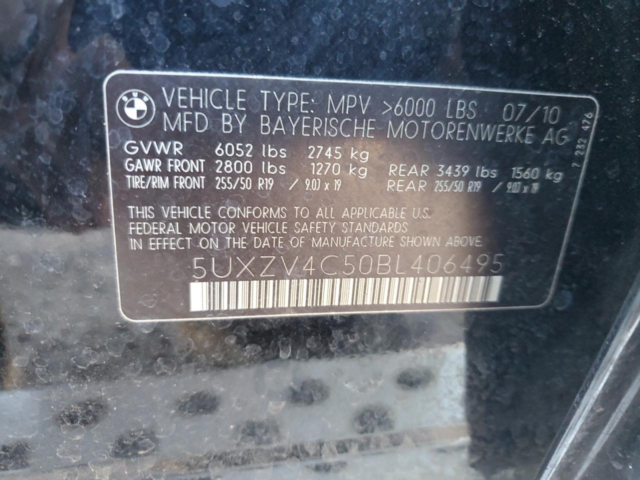 2011 BMW X5 xDrive35I VIN: 5UXZV4C50BL406495 Lot: 56052035