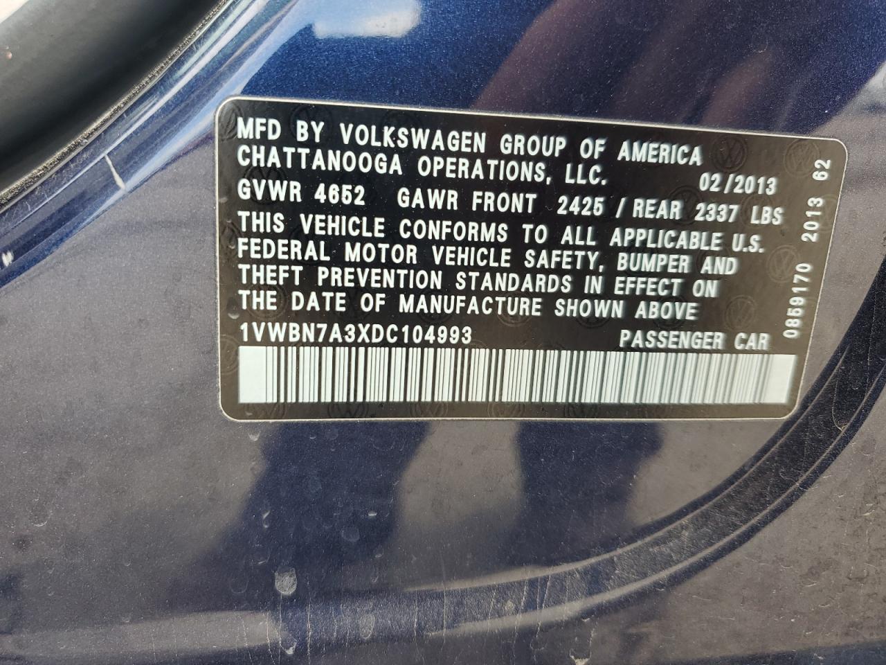 2013 Volkswagen Passat Se VIN: 1VWBN7A3XDC104993 Lot: 56727485