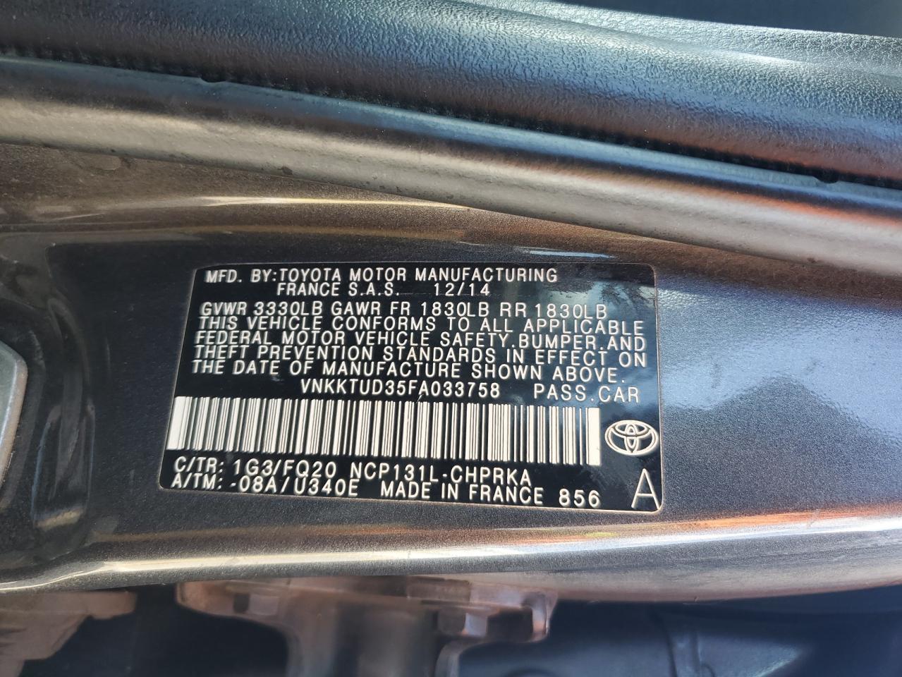 2015 Toyota Yaris VIN: VNKKTUD35FA033758 Lot: 55696935