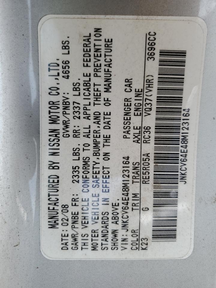 2008 Infiniti G37 Base VIN: JNKCV64E48M123164 Lot: 57130145