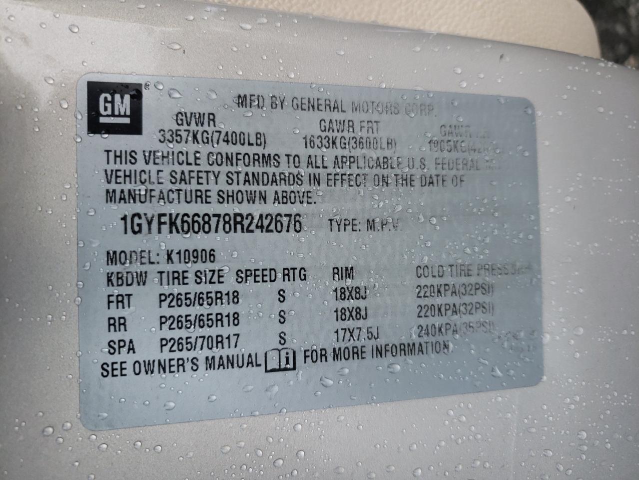 2008 Cadillac Escalade Esv VIN: 1GYFK66878R242676 Lot: 56391825