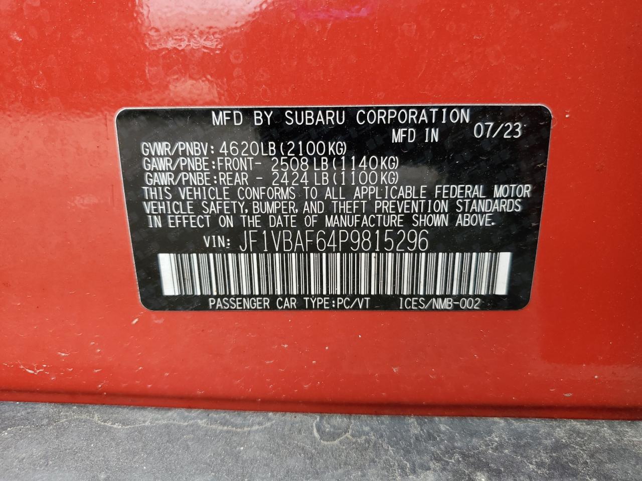 2023 Subaru Wrx Premium VIN: JF1VBAF64P9815296 Lot: 56977025