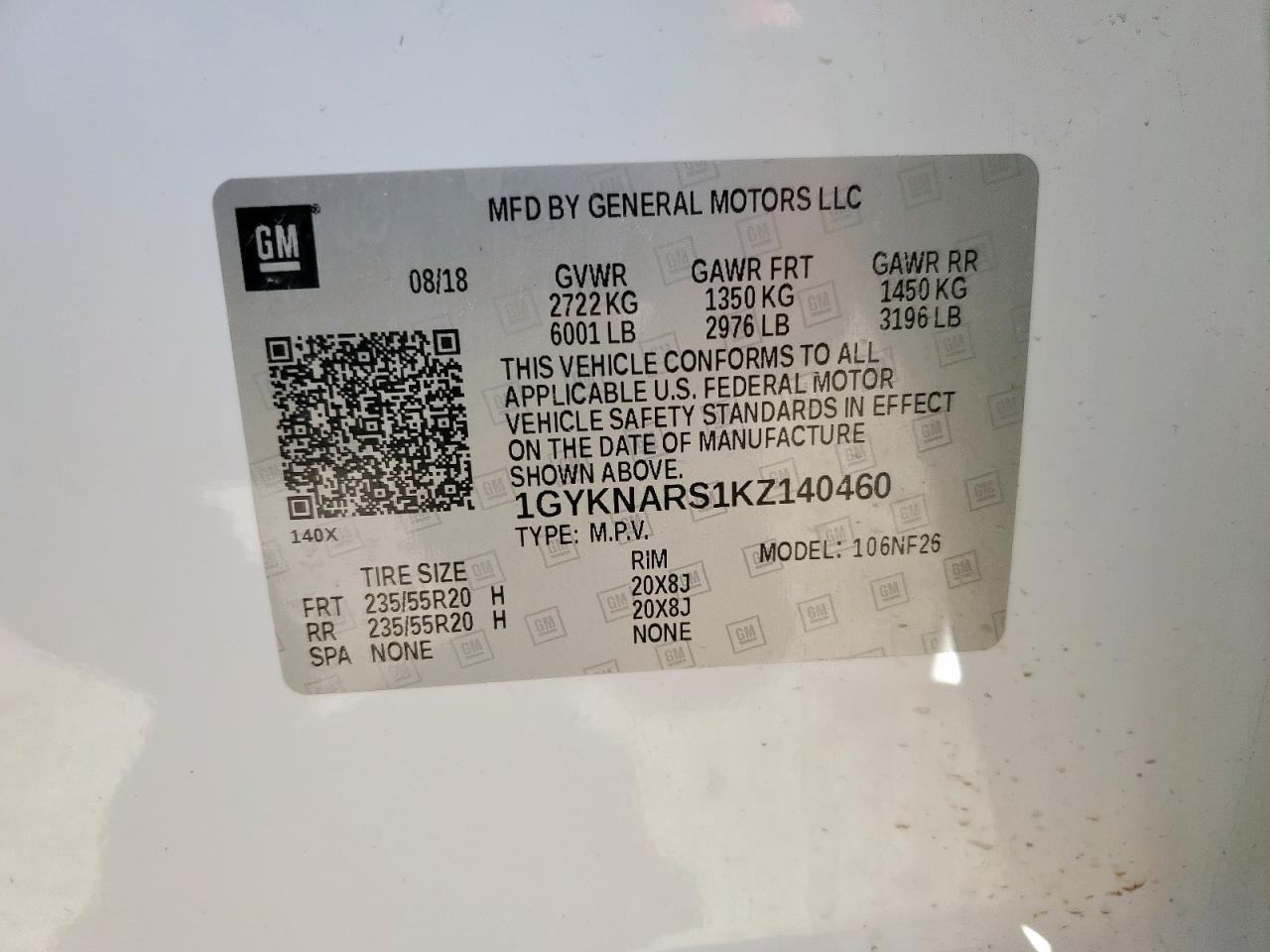 2019 Cadillac Xt5 VIN: 1GYKNARS1KZ140460 Lot: 55062285