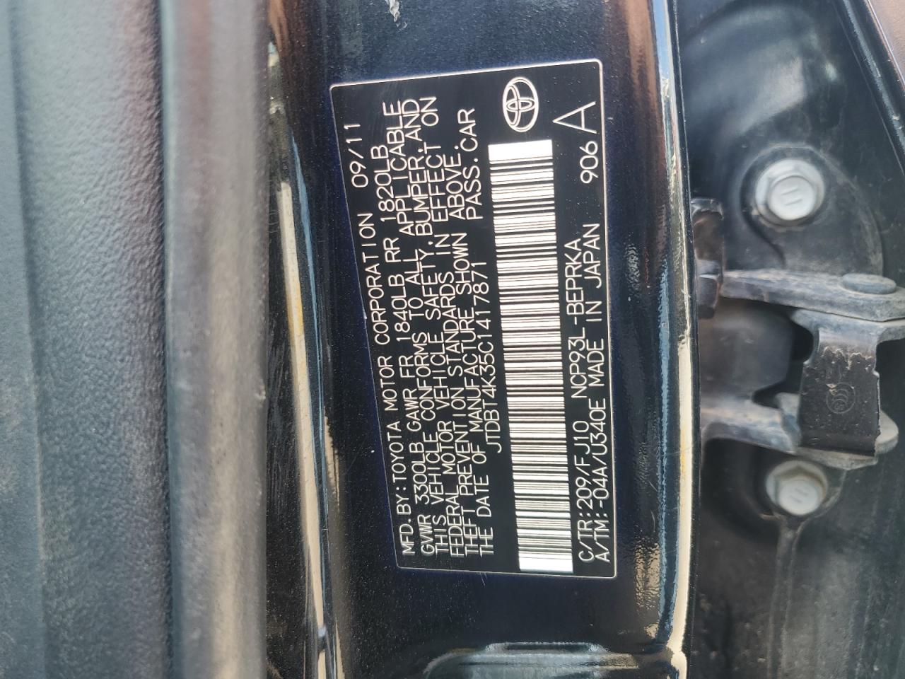 2012 Toyota Yaris VIN: JTDBT4K35C1417871 Lot: 55500685