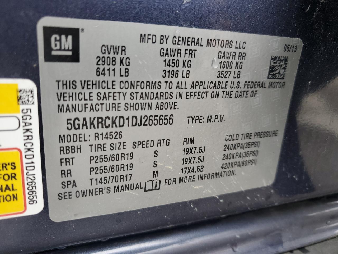 2013 Buick Enclave VIN: 5GAKRCKD1DJ265656 Lot: 55435175