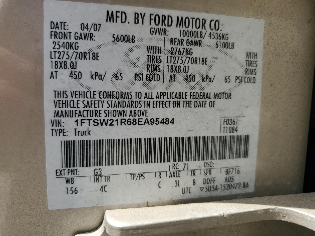 2008 Ford F250 Super Duty VIN: 1FTSW21R68EA95484 Lot: 57393765