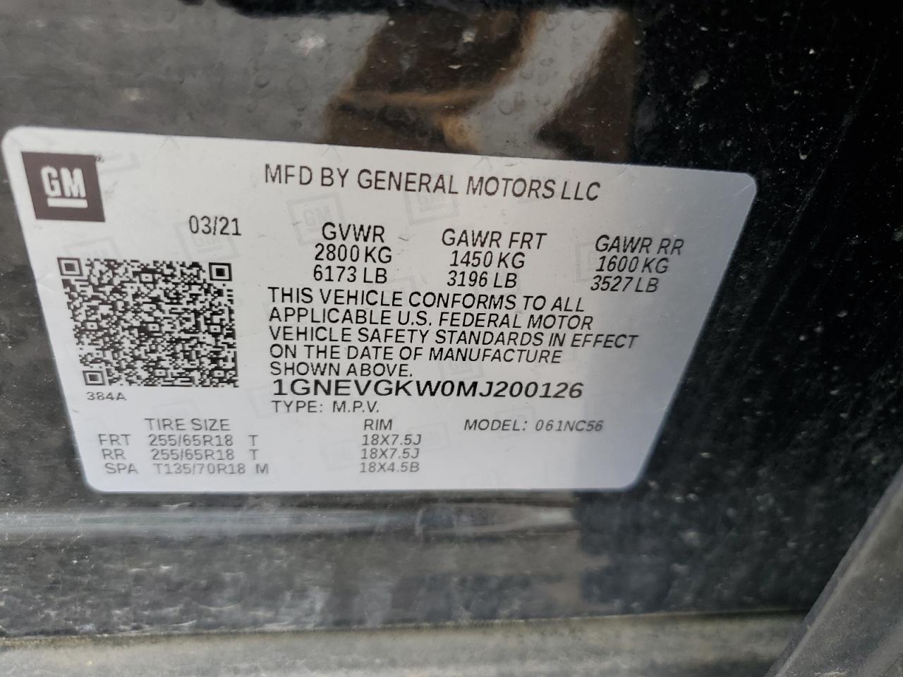 2021 Chevrolet Traverse Lt VIN: 1GNEVGKW0MJ200126 Lot: 57450295