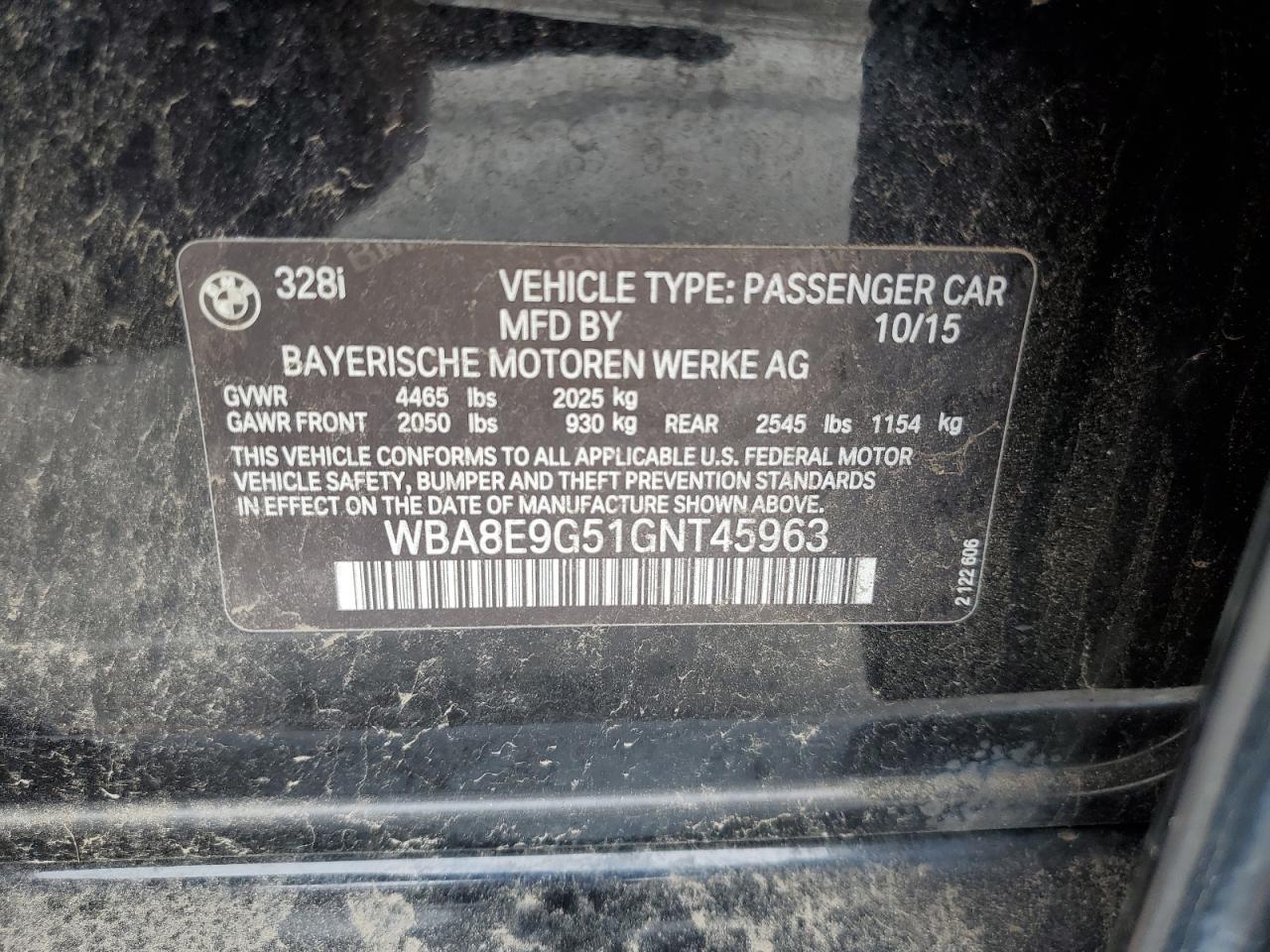2016 BMW 328 I Sulev VIN: WBA8E9G51GNT45963 Lot: 57291275