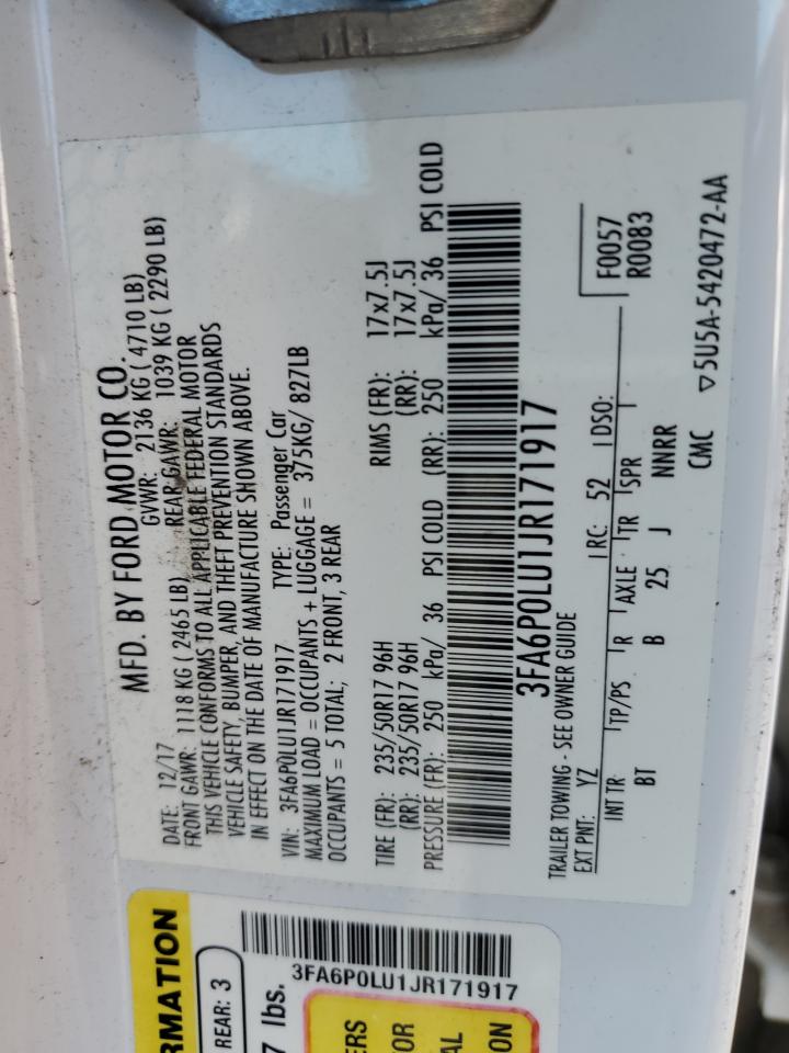 2018 Ford Fusion Se Hybrid VIN: 3FA6P0LU1JR171917 Lot: 54028175