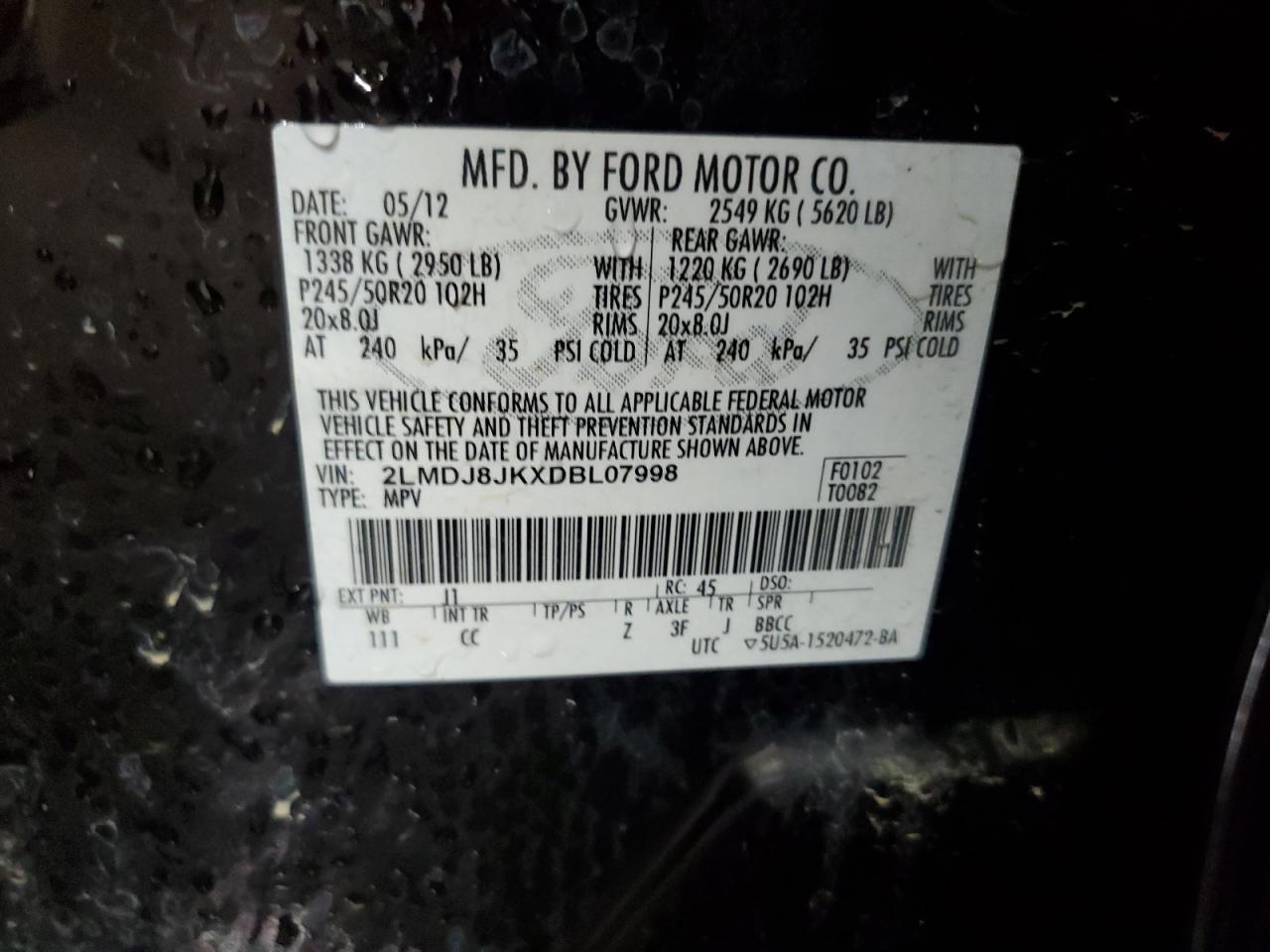 2013 Lincoln Mkx VIN: 2LMDJ8JKXDBL07998 Lot: 56748925