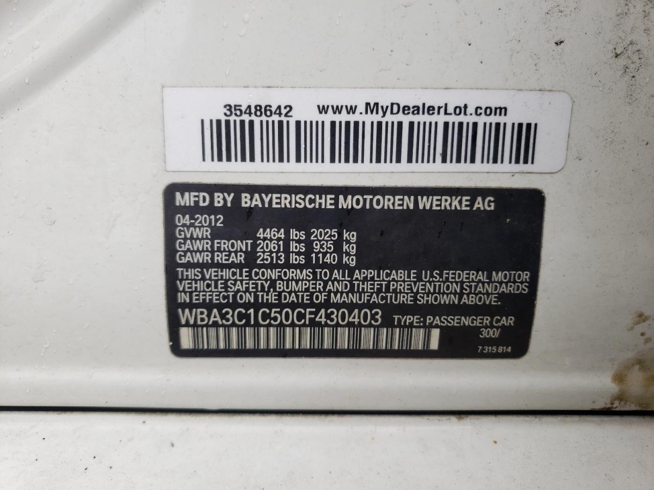 2012 BMW 328 I Sulev VIN: WBA3C1C50CF430403 Lot: 56896395