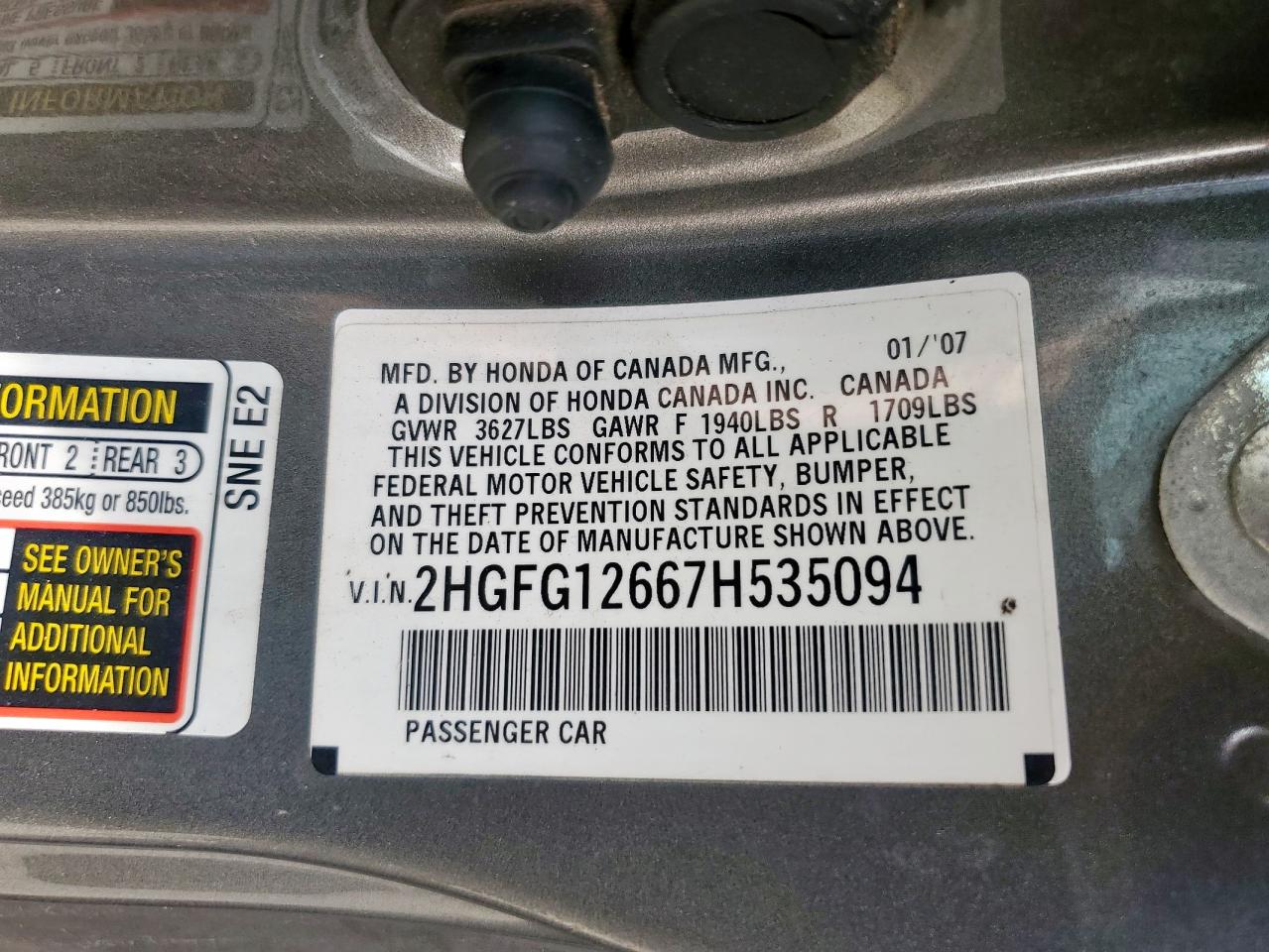 2007 Honda Civic Lx VIN: 2HGFG12667H535094 Lot: 57239085