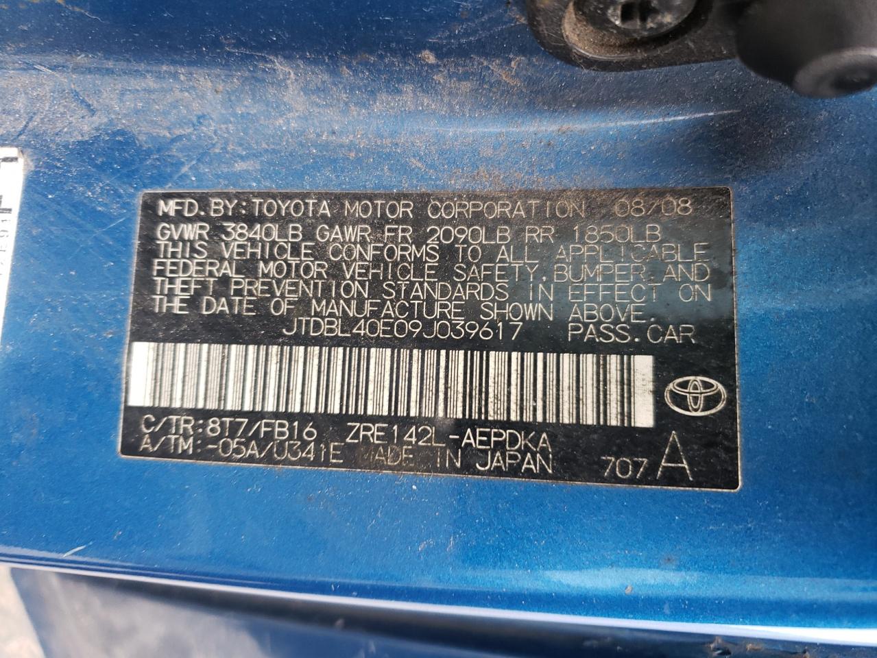 2009 Toyota Corolla Base VIN: JTDBL40E09J039617 Lot: 58658135