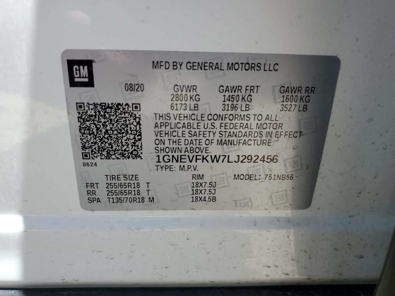 2020 Chevrolet Traverse Ls VIN: 1GNEVFKW7LJ292456 Lot: 57417455
