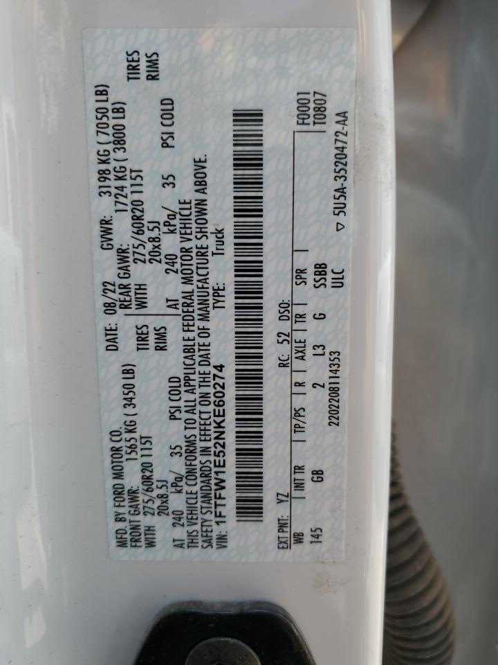 2022 Ford F150 Supercrew VIN: 1FTFW1E52NKE60274 Lot: 53676675