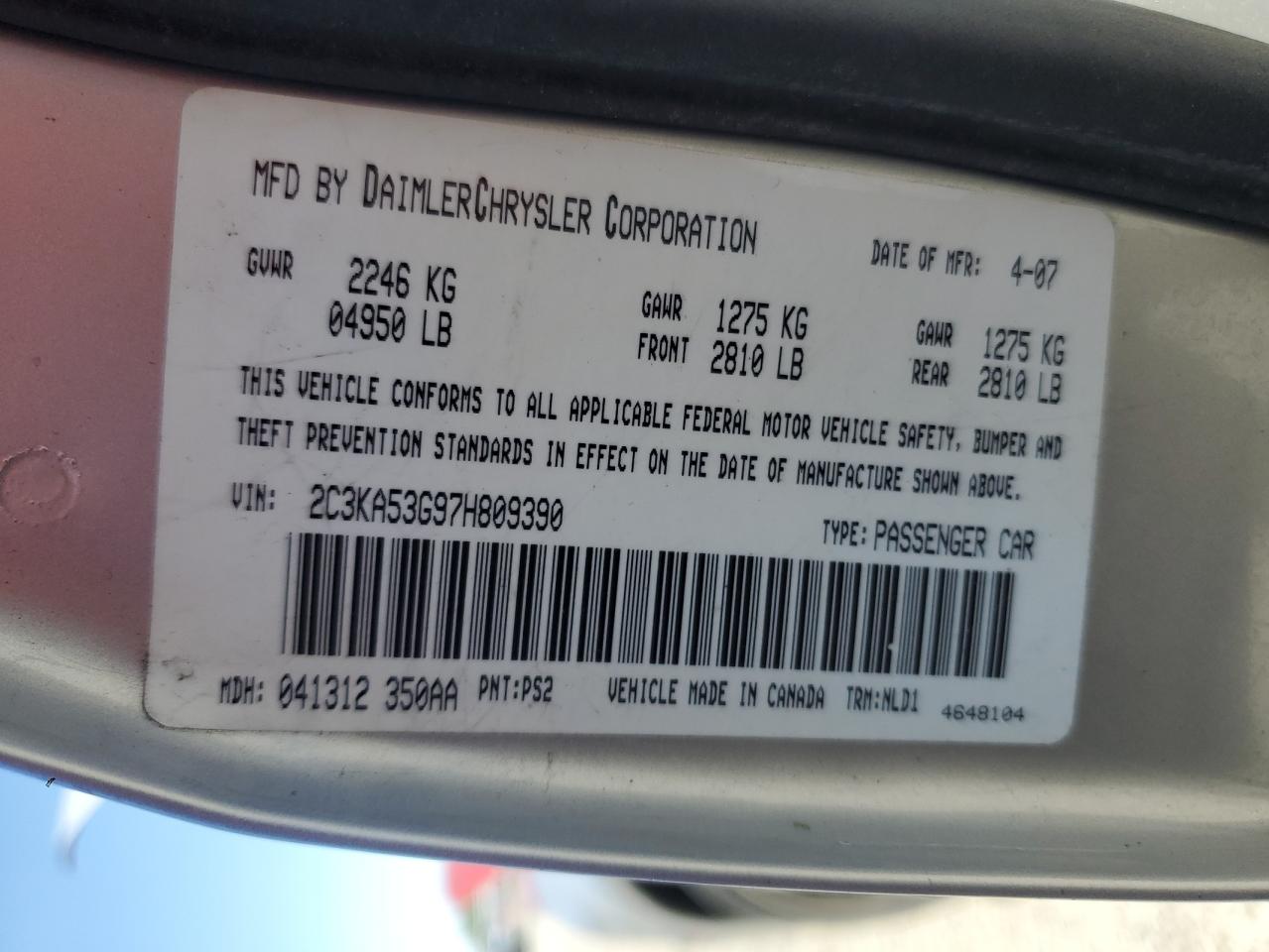 2007 Chrysler 300 Touring VIN: 2C3KA53G97H809390 Lot: 58212485