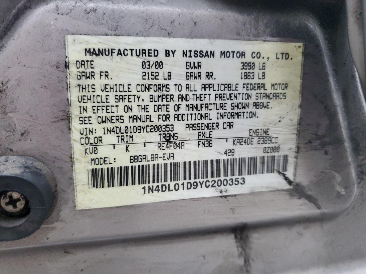 2000 Nissan Altima Xe VIN: 1N4DL01D9YC200353 Lot: 57768835