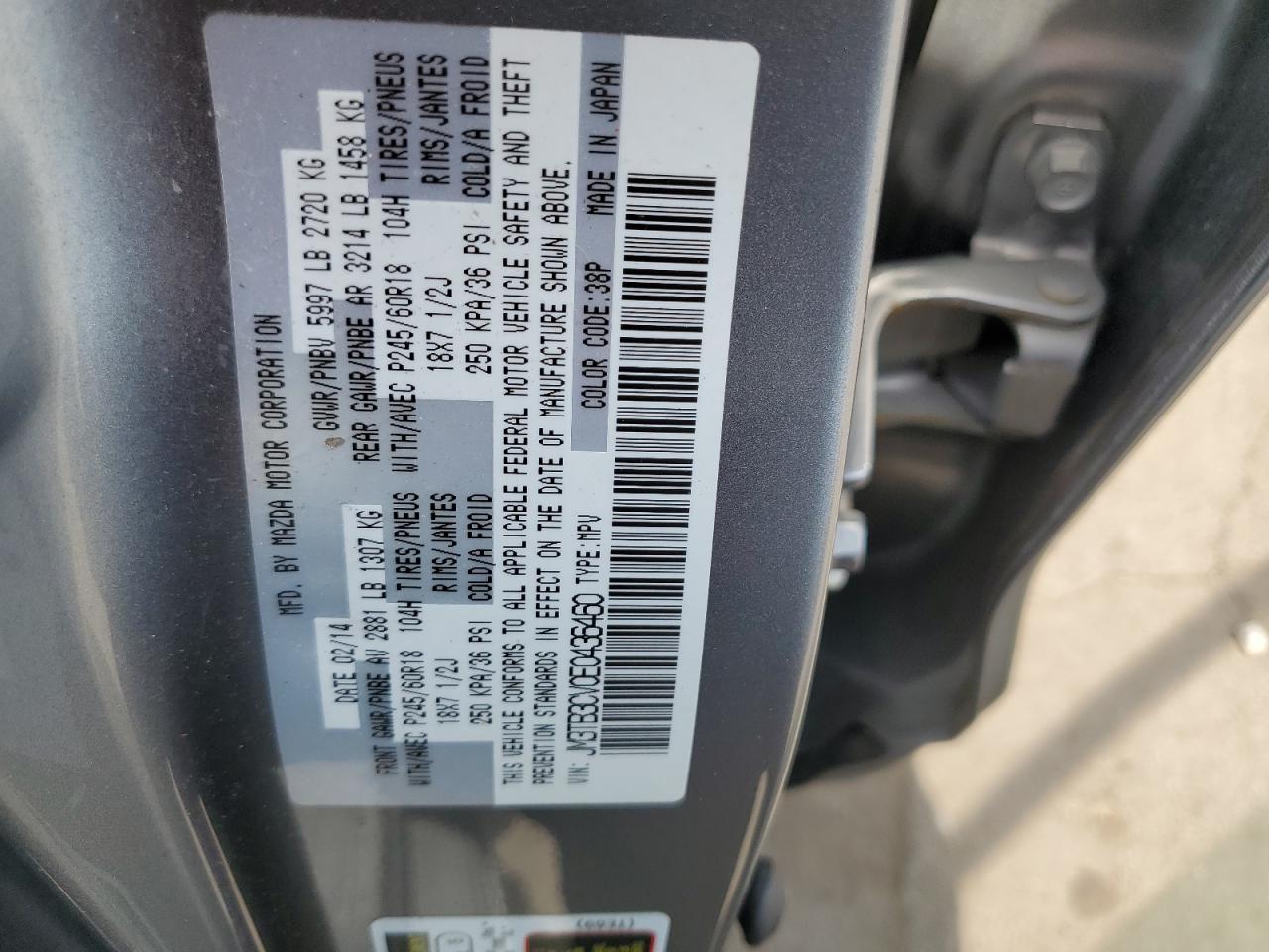 2014 Mazda Cx-9 Touring VIN: JM3TB3CV0E0436460 Lot: 56023165