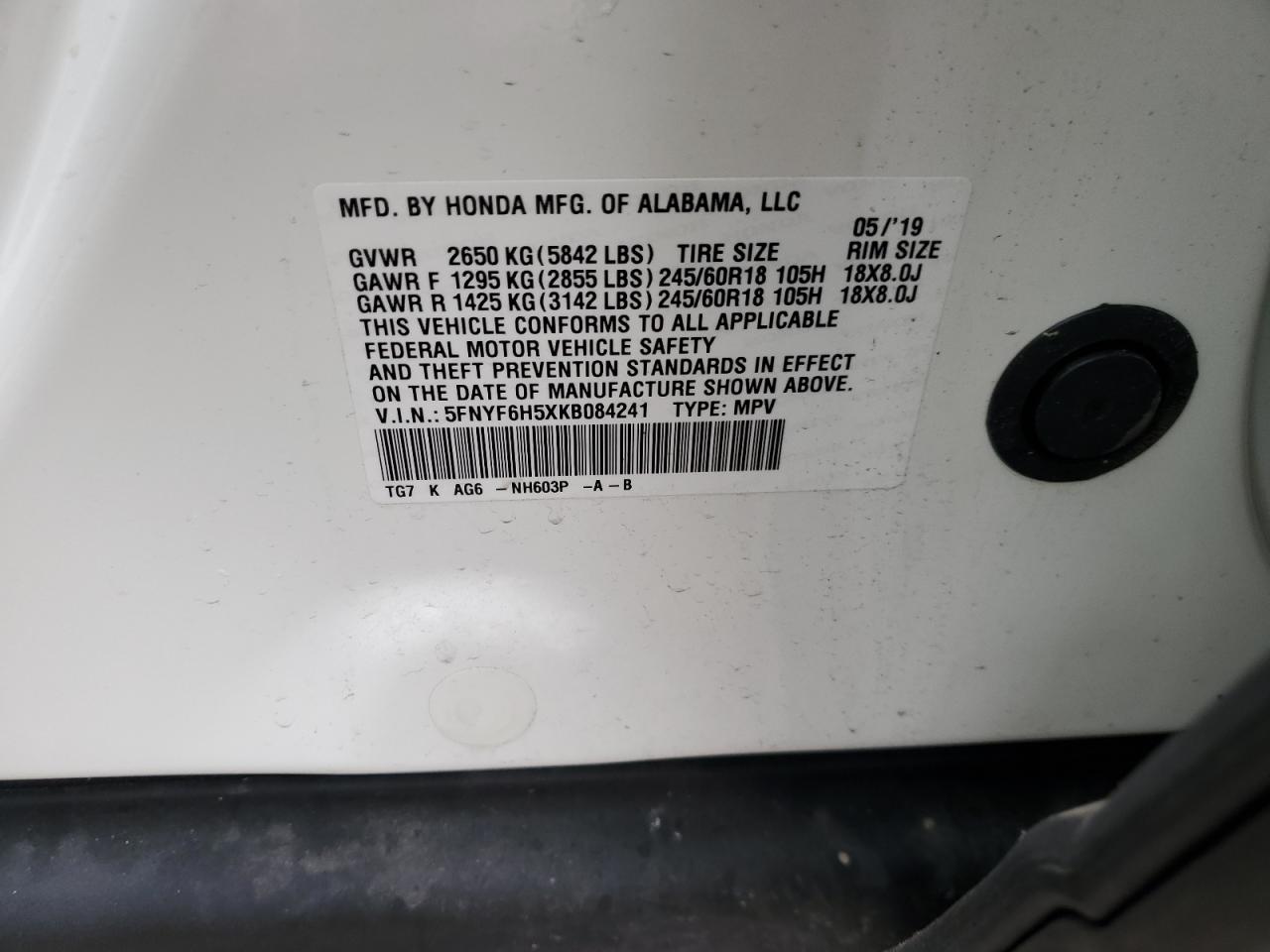 2019 Honda Pilot Exl VIN: 5FNYF6H5XKB084241 Lot: 58794175