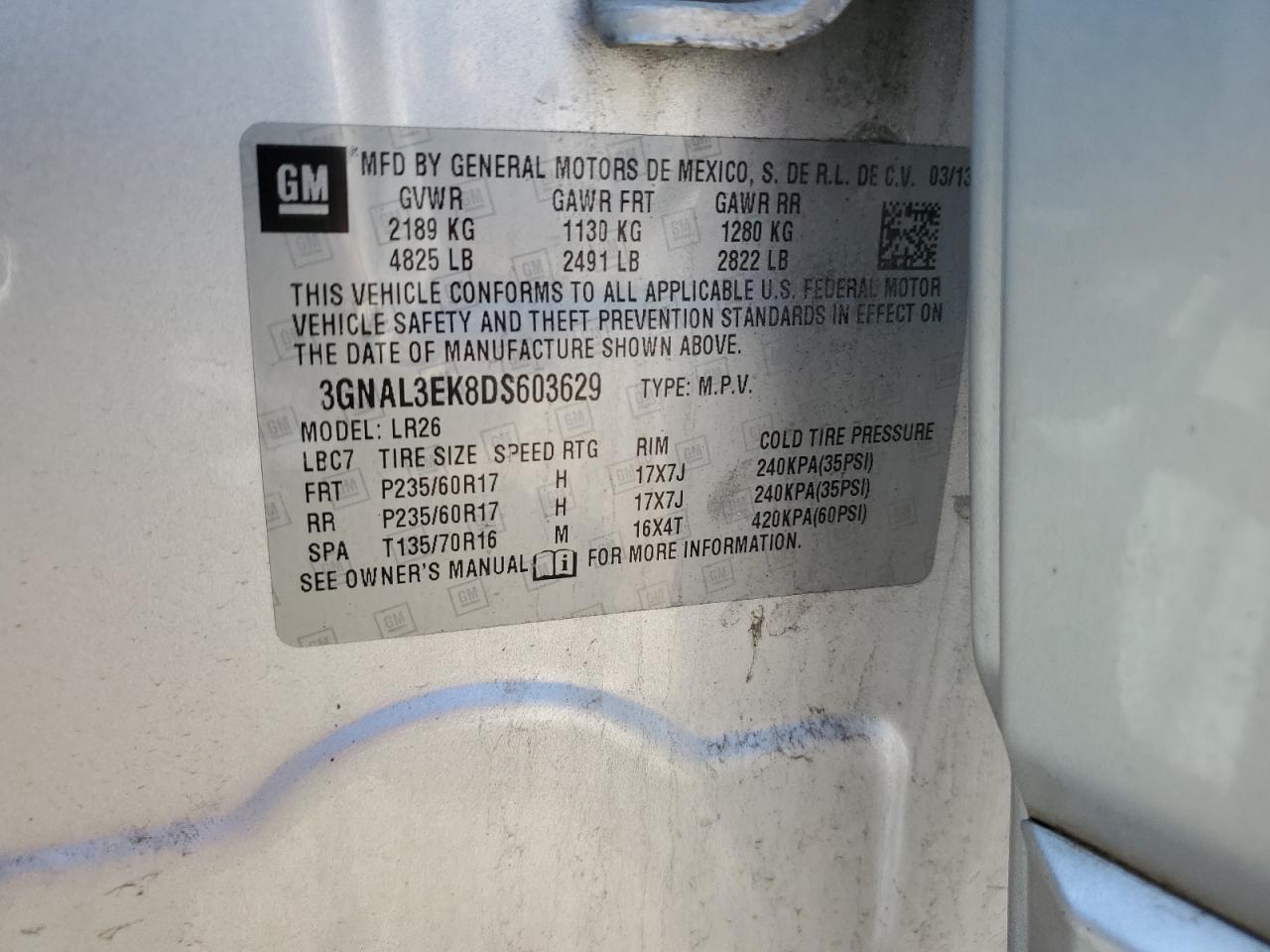 2013 Chevrolet Captiva Lt VIN: 3GNAL3EK8DS603629 Lot: 55887675
