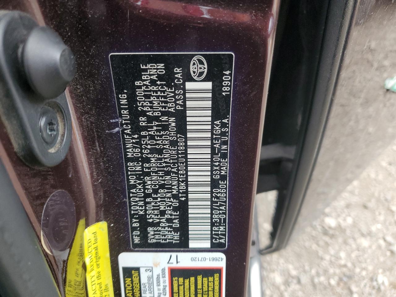 2014 Toyota Avalon Base VIN: 4T1BK1EB0EU118807 Lot: 58232385