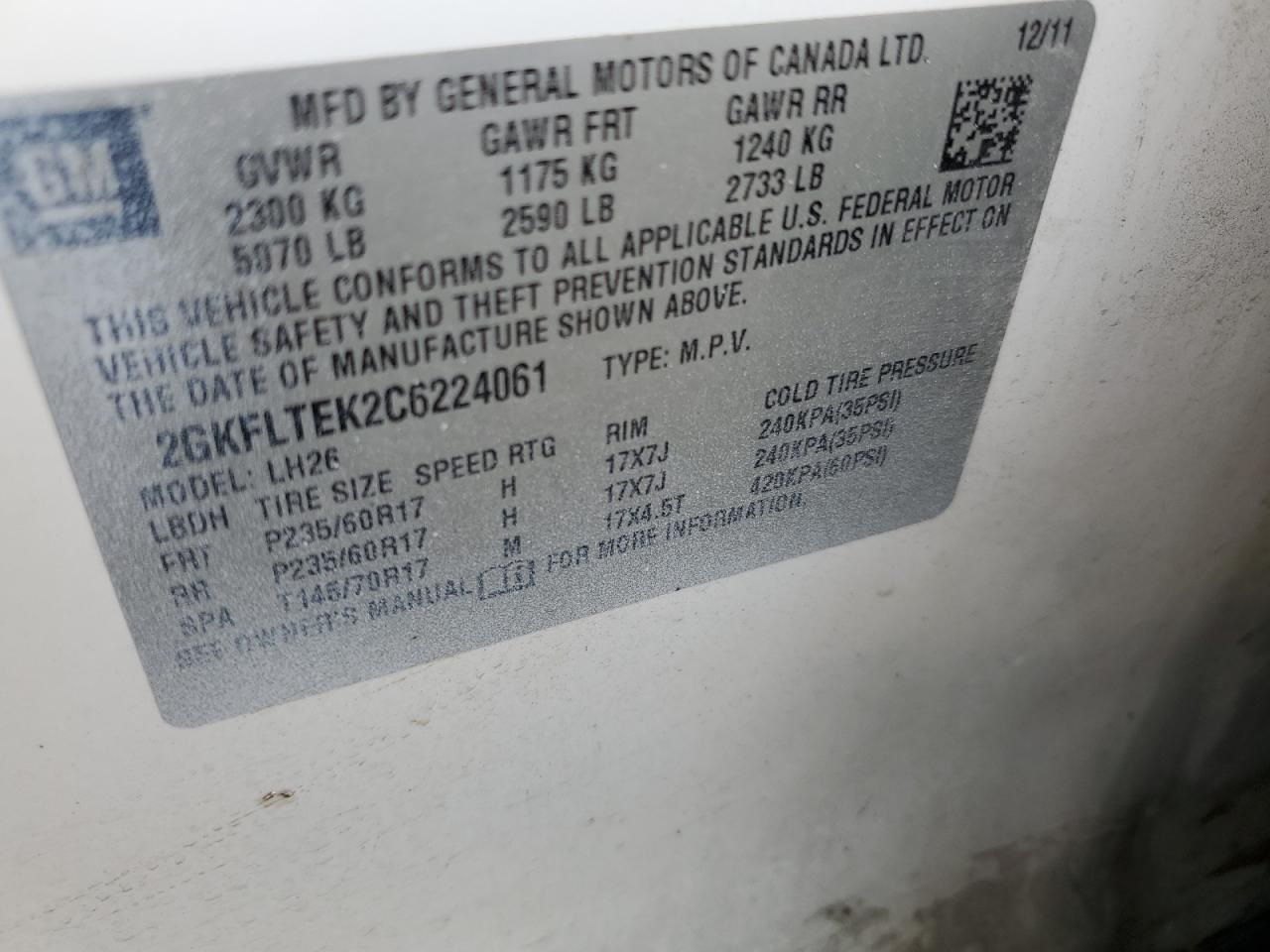 2012 GMC Terrain Sle VIN: 2GKFLTEK2C6224061 Lot: 57650765