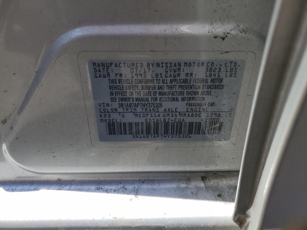 2017 Nissan Sentra S VIN: 3N1AB7AP7HY375326 Lot: 56179655
