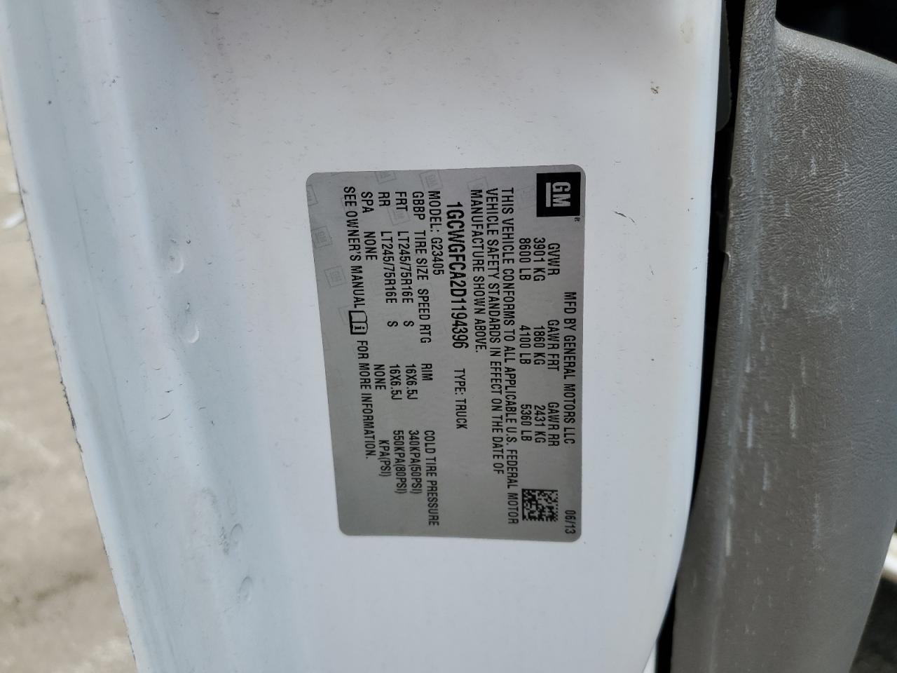 2013 Chevrolet Express G2500 VIN: 1GCWGFCA2D1194396 Lot: 55576845