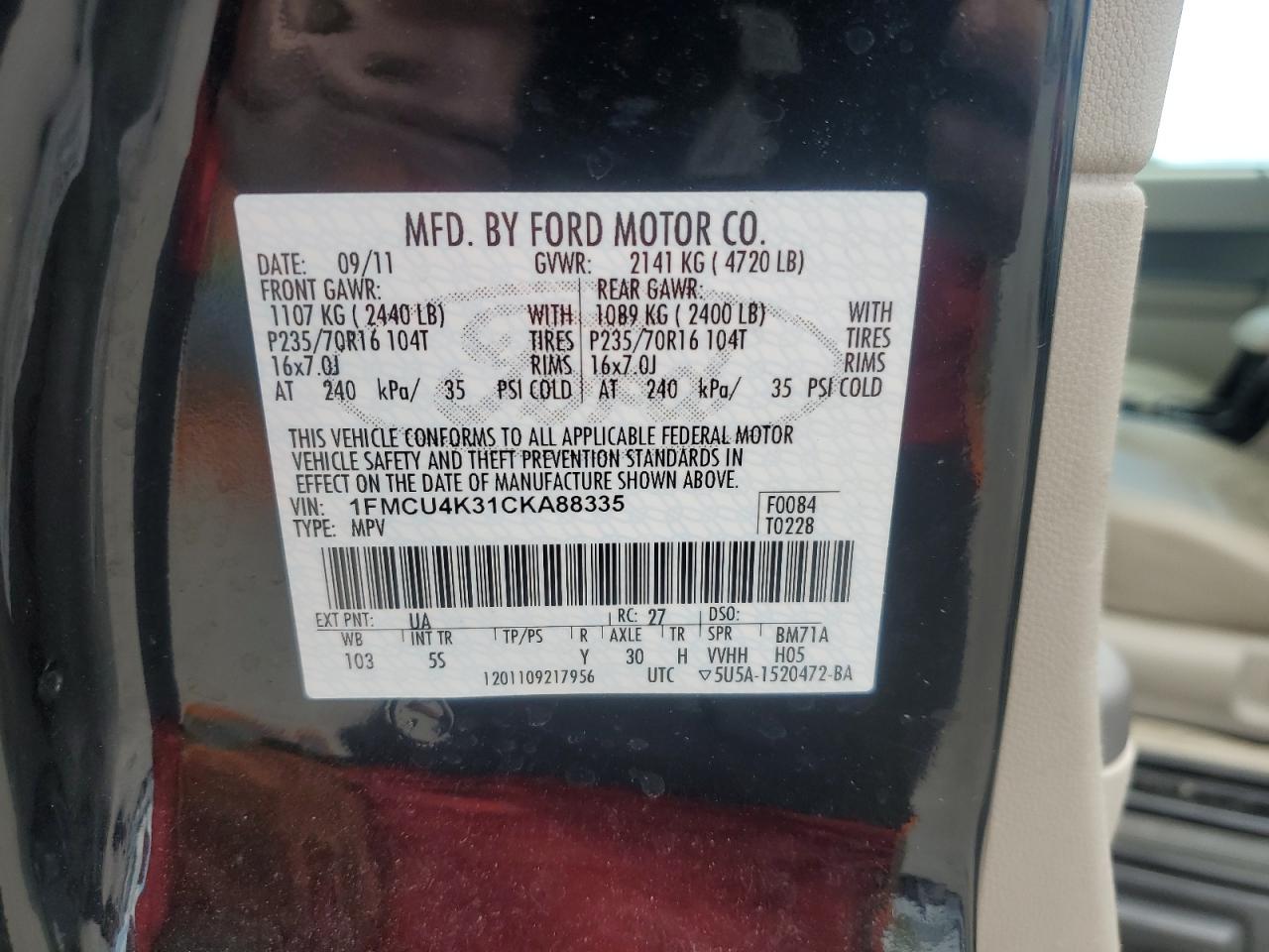 2012 Ford Escape Hybrid VIN: 1FMCU4K31CKA88335 Lot: 58201745