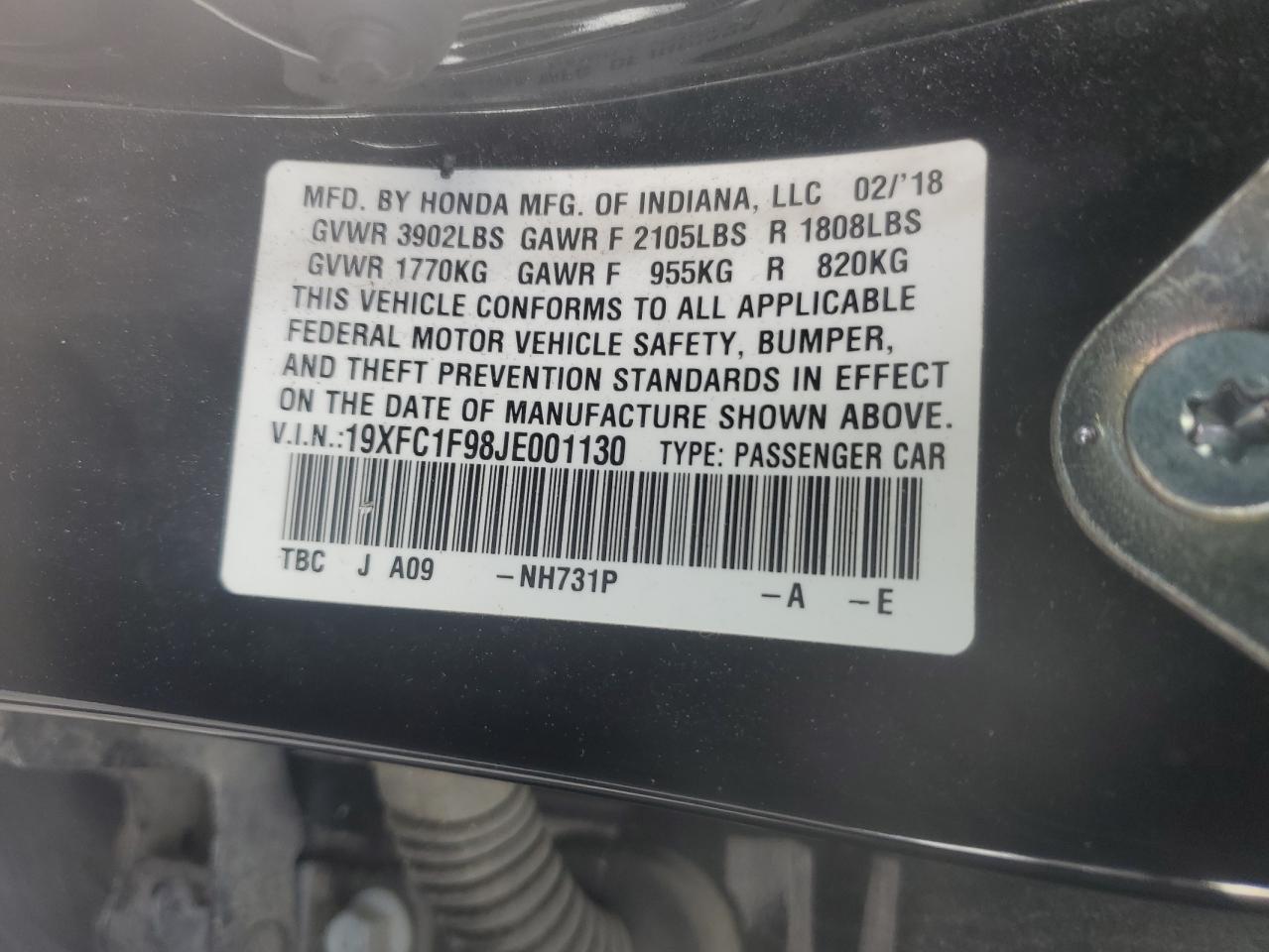 2018 Honda Civic Touring VIN: 19XFC1F98JE001130 Lot: 54944725